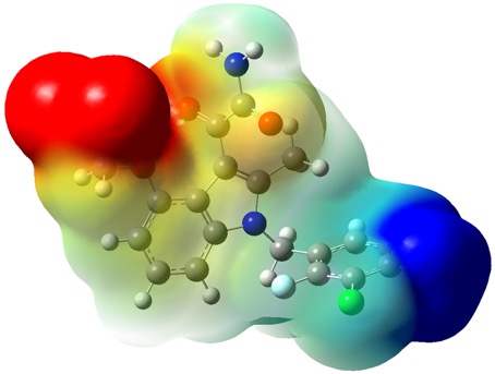 Figure 1. Imaging the electrostatic surface potential of a phospholipase A2 inhibitor with anti-inflammatory properties gives insight into its molecular recognition of the enzyme active site. The surface potentials were calculated using Gaussian and the image rendered with GaussView.