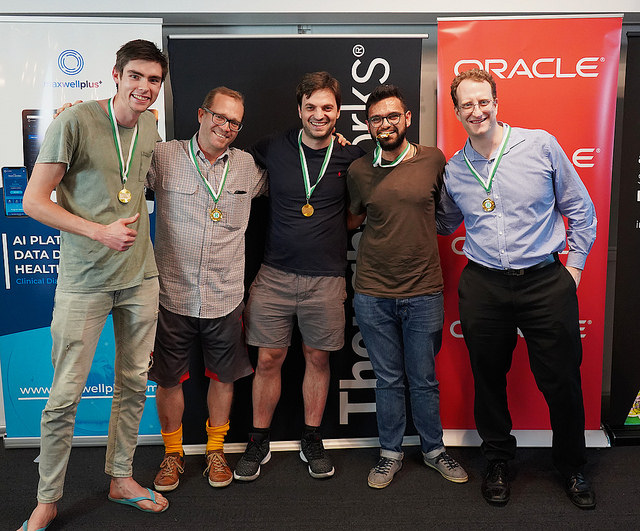 This year’s winning Health Hack Brisbane team, “Auslan Party”, including Tom Quirk (far left) and Kaamraan Kamaal (second from right). (Photo: Dr Nick Hamilton, RCC.)