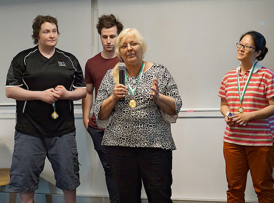 Team Yarning, the winning Brisbane HealthHack 2017 team. RCC’s Thom Cuddihy is pictured far left, and Goondiwindi Hospital's Lorraine McMurtrie is holding the microphone. Some members of Team Yarning are missing from this photo. (Photo: Dr Nick Hamilton, RCC.)