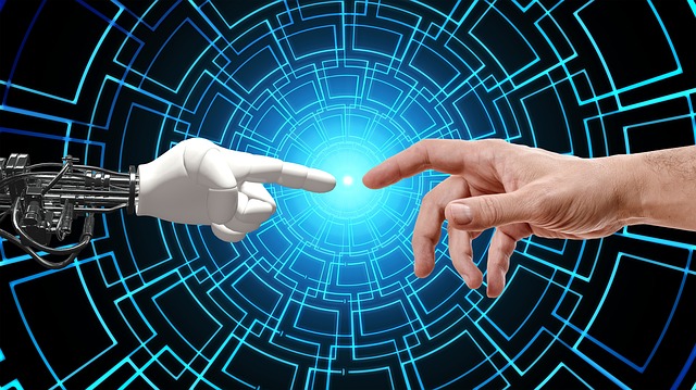 A recreation of The Creation of Adam with a robot finger about to touch a human finger.