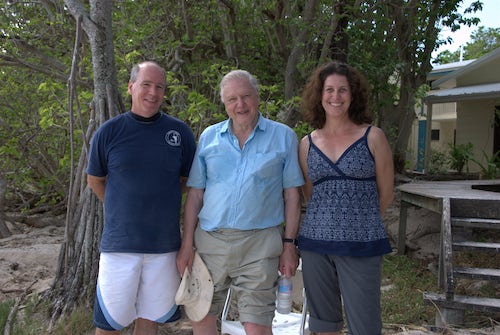 Professors Bernie and Sandie Degnan with Sir David Attenborough on Australia's Heron Island.