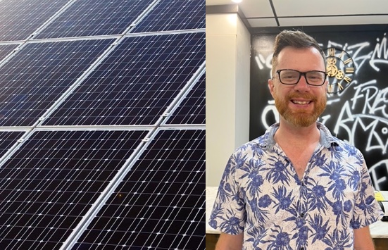 Solar panels and Dr Richard Bean. (Right-hand image courtesy of Dr Richard Bean.)