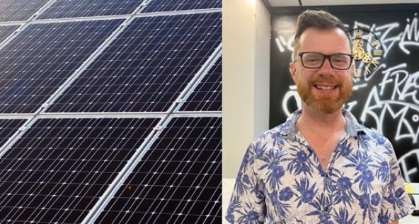 Solar panels and Dr Richard Bean. (Right-hand image courtesy of Dr Richard Bean.)