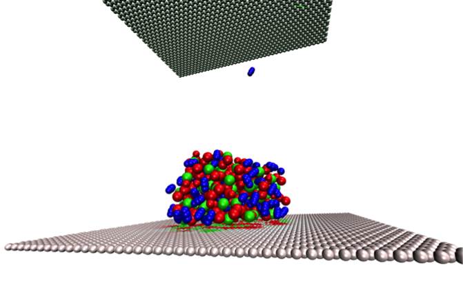 Snapshot of an electro-wetting simulation to measure the contact angle of a liquid drop on a charged surface, to examine how the liquid and the solid interact.  